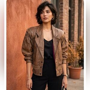 Women's Brown Leather Jacket - Textured Relaxed Bomber